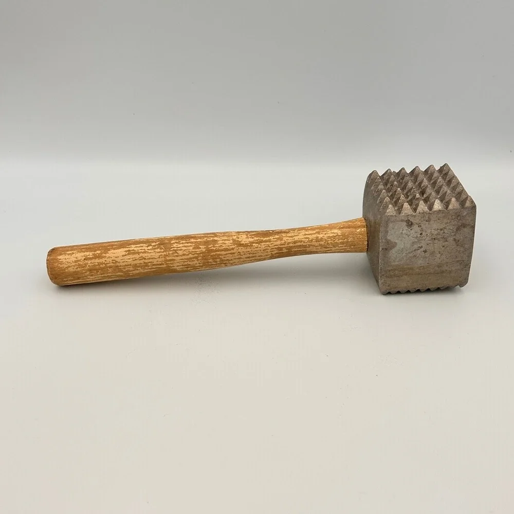 Vintage Meat Tenderizer Mallet Wood Handle Dual Sided Metal Head Primitive Tool